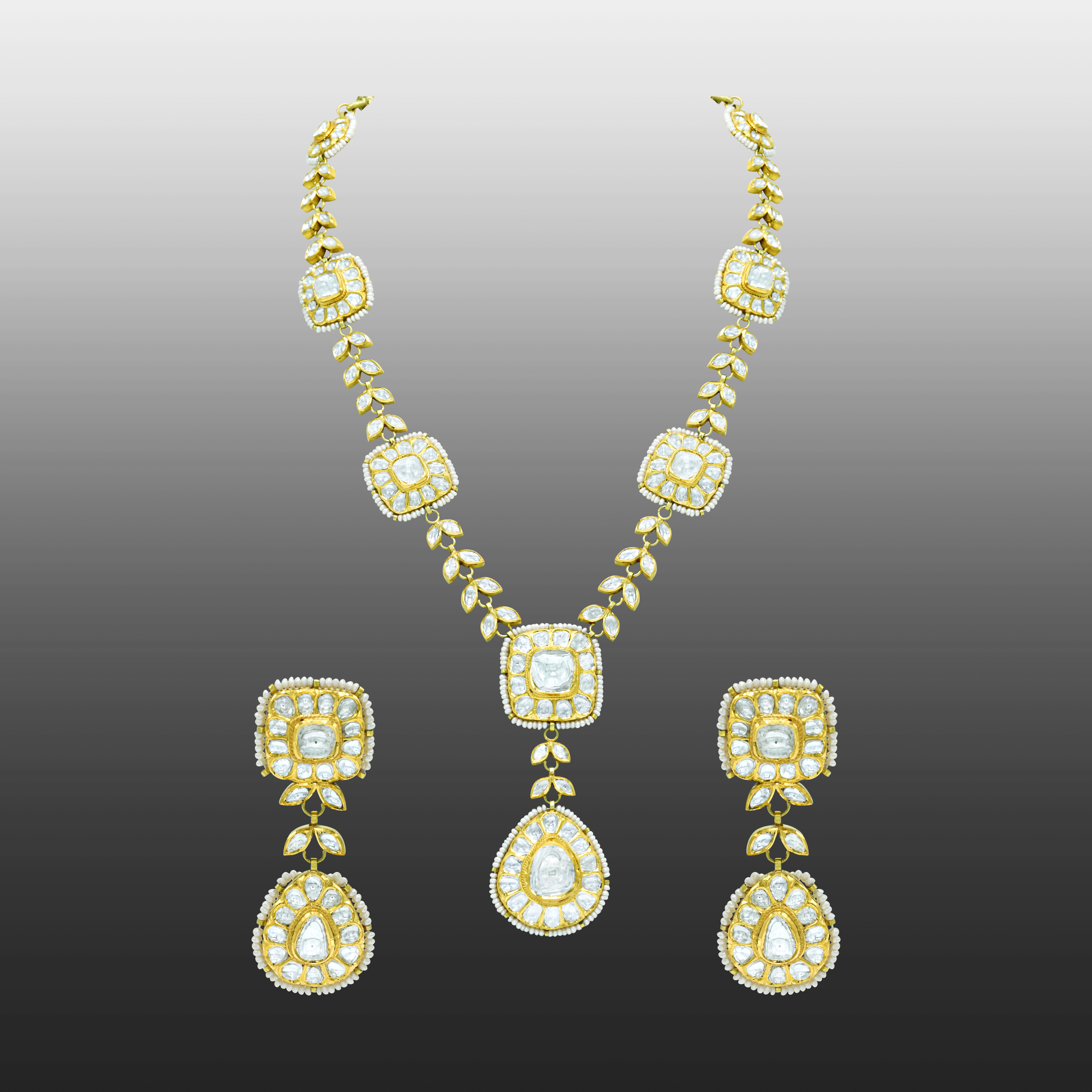 Polki Square Necklace Set with Polki Leaves and Pear Drop